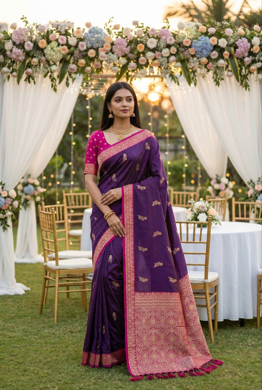 Mameraa Sarees Purple Soft Silk Blend Saree With Zari Weaving Meenakari Design-Purple - Dista