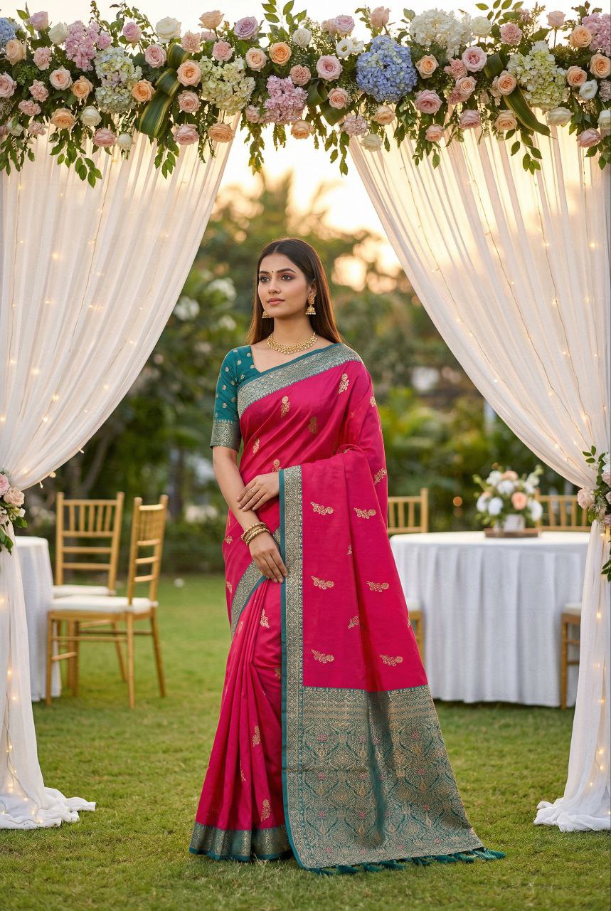 Mameraa Sarees Pink Soft Silk Blend Saree With Zari Weaving Meenakari Design-Pink - Dista