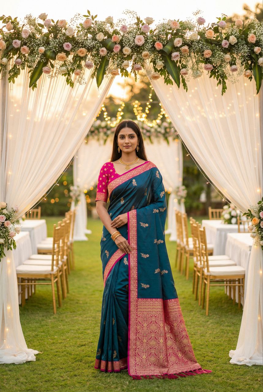 Mameraa Sarees Teal Blue Soft Silk Blend Saree With Zari Weaving Meenakari Design-Teal - Dista