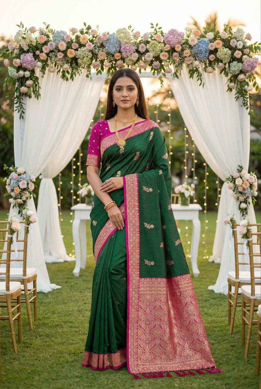 Mameraa Sarees Green Soft Silk Blend Saree With Zari Weaving Meenakari Design-Green - Dista