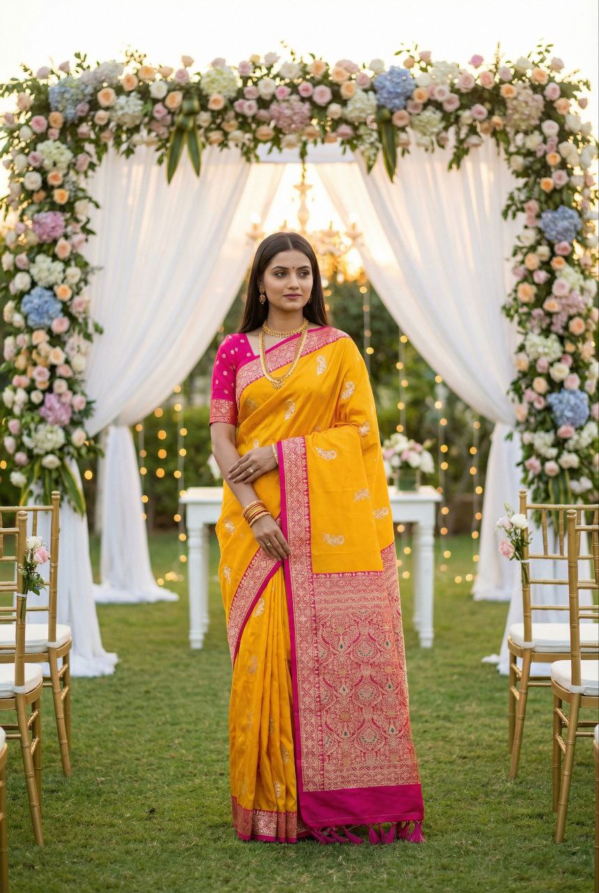 Mameraa Sarees Yellow Soft Silk Blend Saree With Zari Weaving Meenakari Design-Yellow - Dista