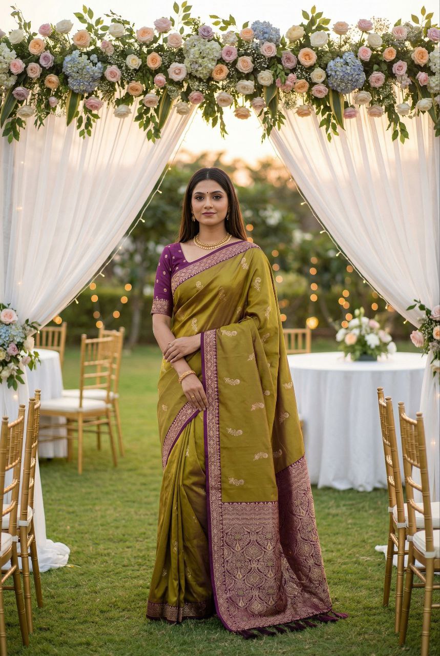 Mameraa Sarees Olive Green Soft Silk Blend Saree With Zari Weaving Meenakari Design-Olive - Dista