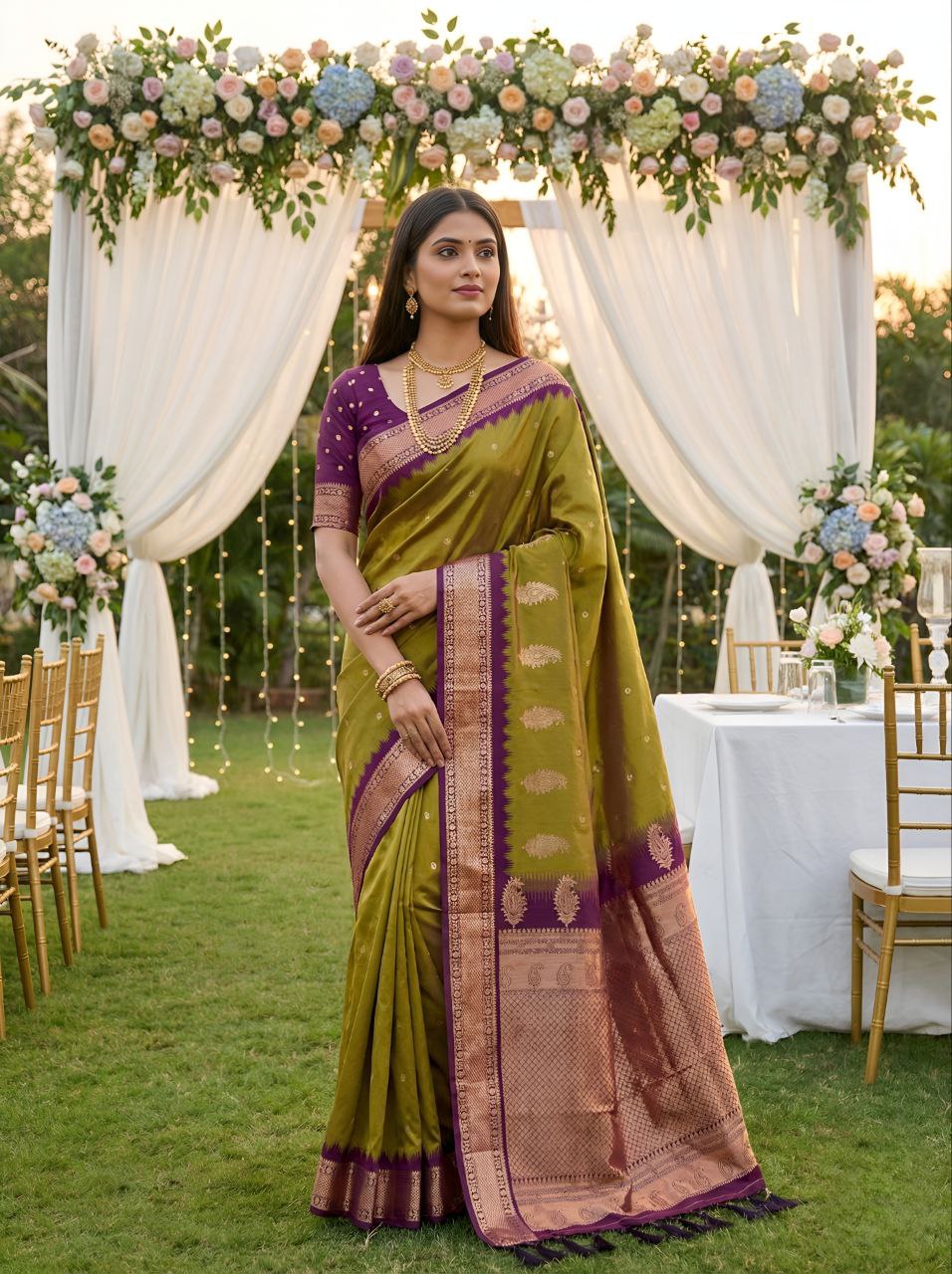 Mameraa Sarees Olive Green Soft Silk Blend Saree With Zari Weaving Meenakari Design-Olive - Dista