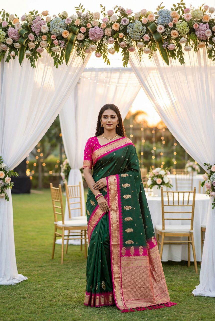 Mameraa Sarees Green Soft Silk Blend Saree With Zari Weaving Meenakari Design-Green - Dista