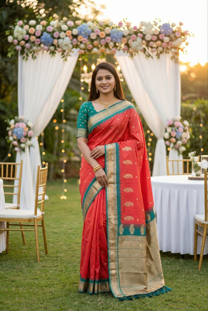 Mameraa Sarees Peach Soft Silk Blend Saree With Zari Weaving Meenakari Design-Peach - Dista