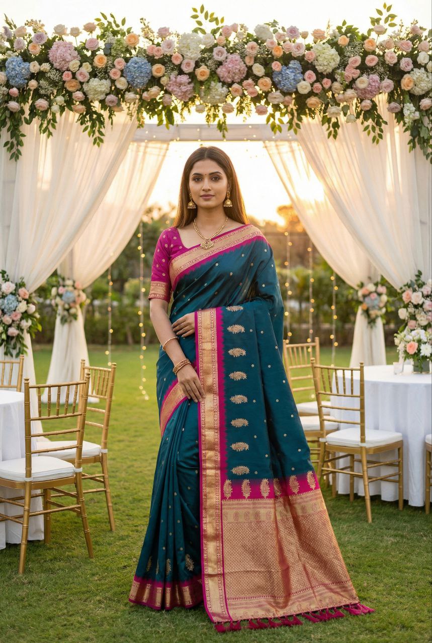 Mameraa Sarees Teal Soft Silk Blend Saree With Zari Weaving Meenakari Design-Teal - Dista