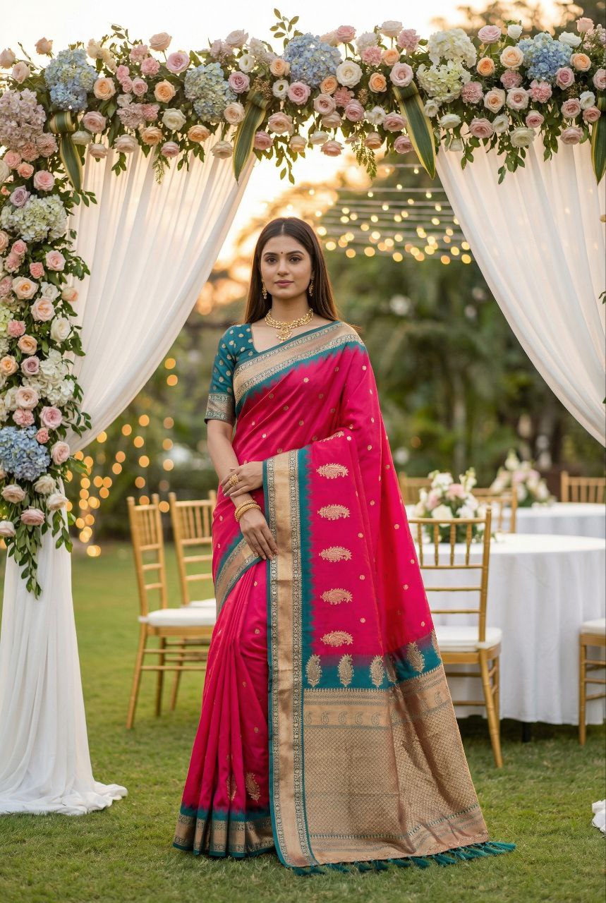 Mameraa Sarees Pink Soft Silk Blend Saree With Zari Weaving Meenakari Design-Pink - Dista