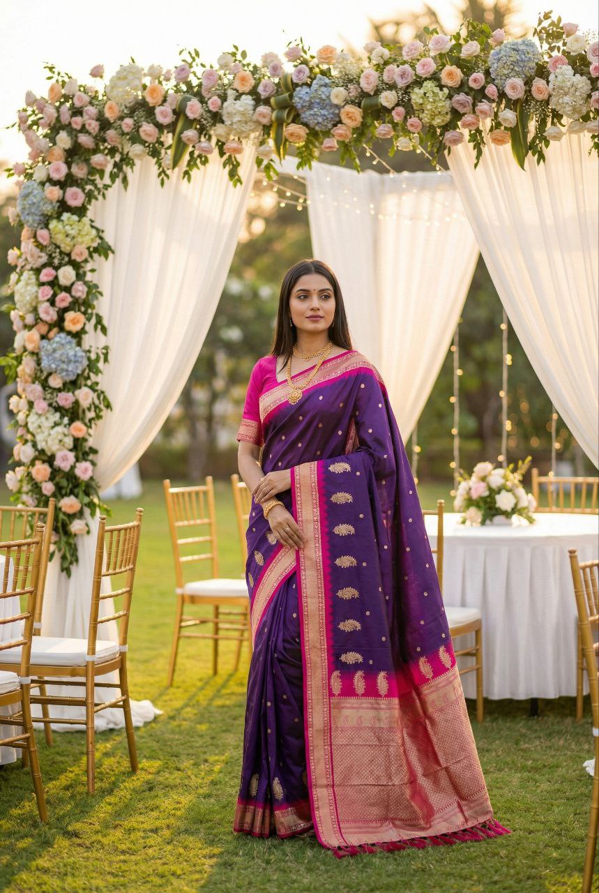 Mameraa Sarees Violet Soft Silk Blend Saree With Zari Weaving Meenakari Design-Violet - Dista