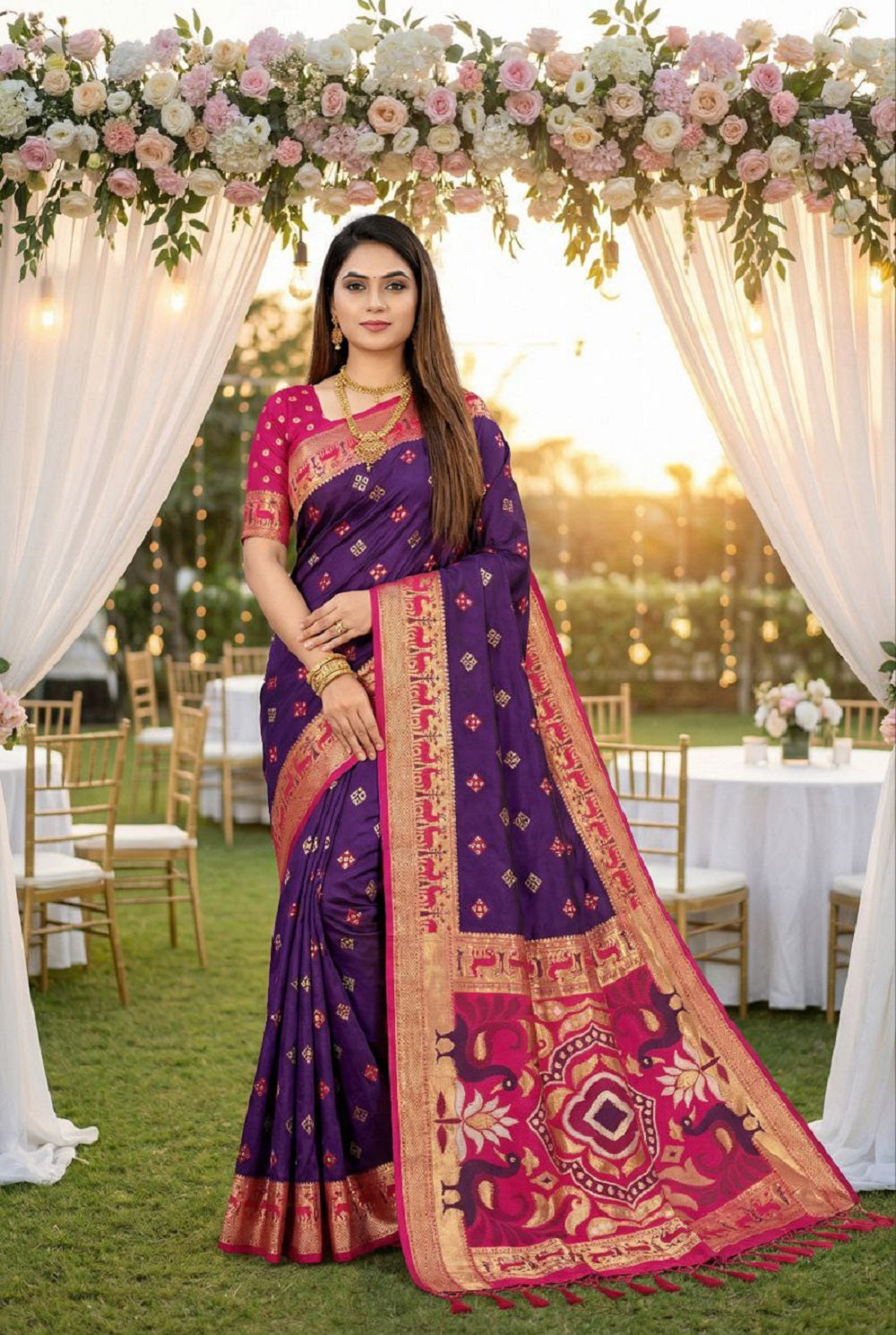 Mameraa Sarees Purple Soft Saree With Zari Weaving Meenakari Rich Pallu And Unique Ikkat Border-Purple - Dista