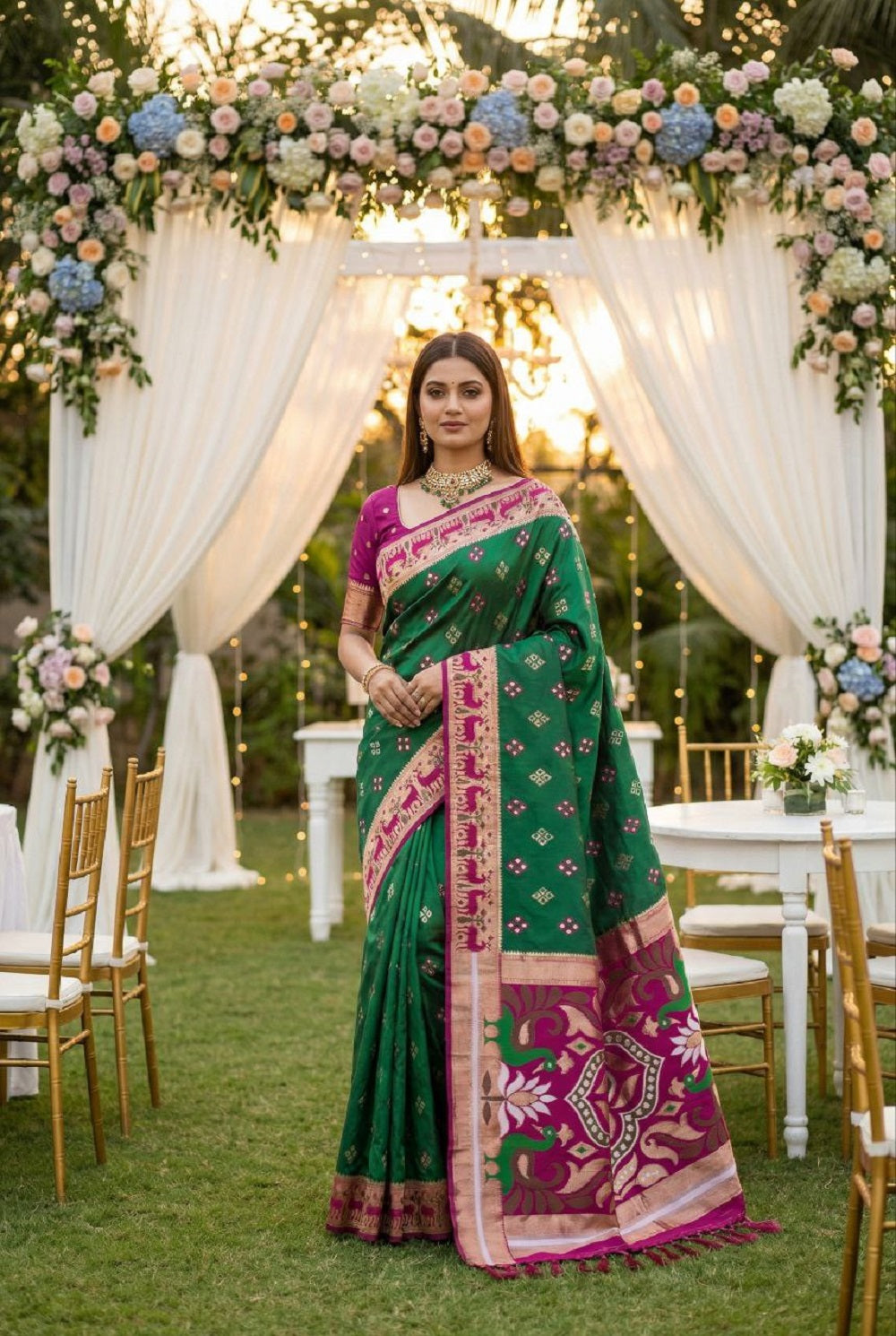 Mameraa Sarees Rama Soft Saree With Zari Weaving Meenakari Rich Pallu And Unique Ikkat Border-Sea_Green - Dista