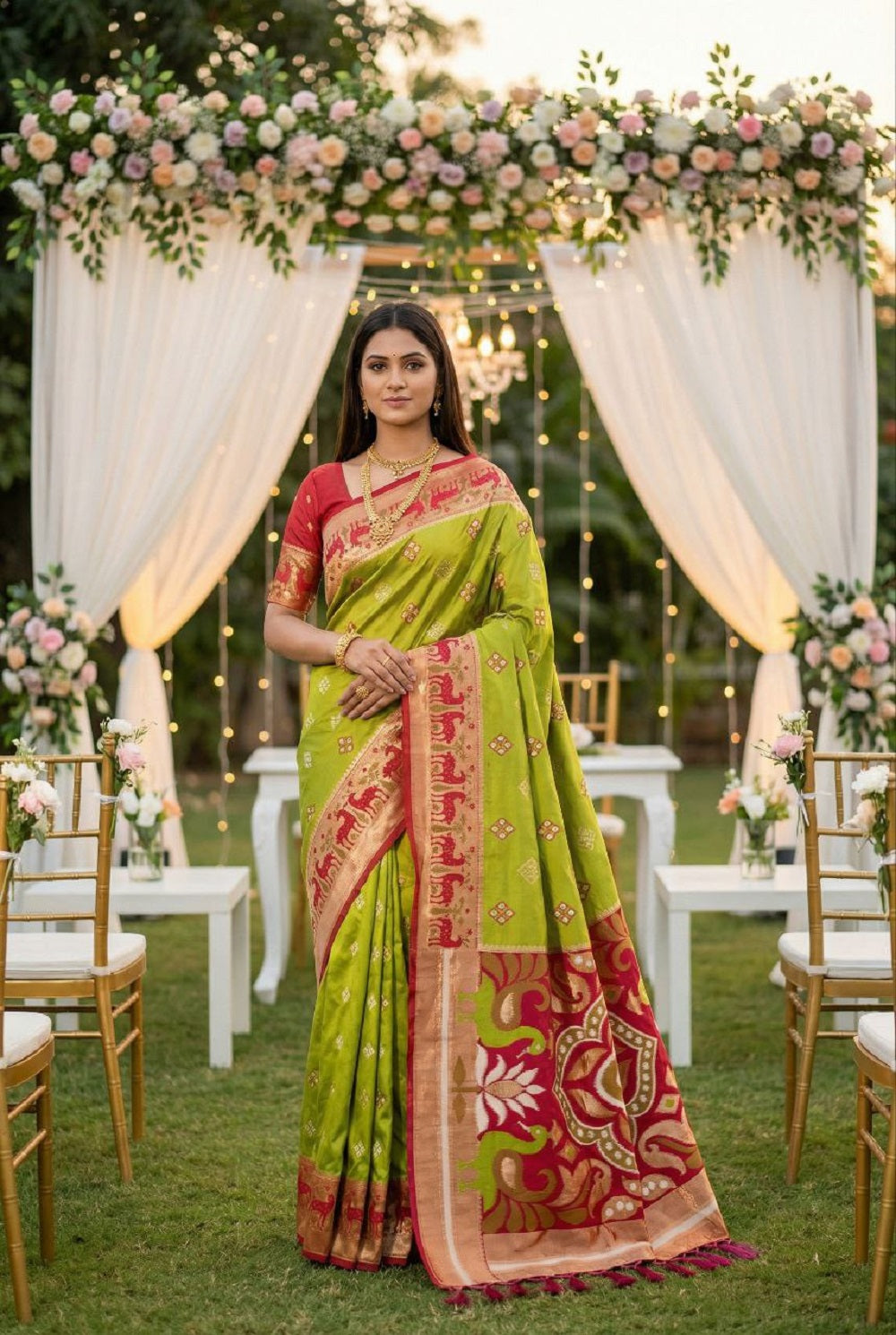 Mameraa Sarees Green Soft Saree With Zari Weaving Meenakari Rich Pallu And Unique Ikkat Border-Parrot_Green - Dista