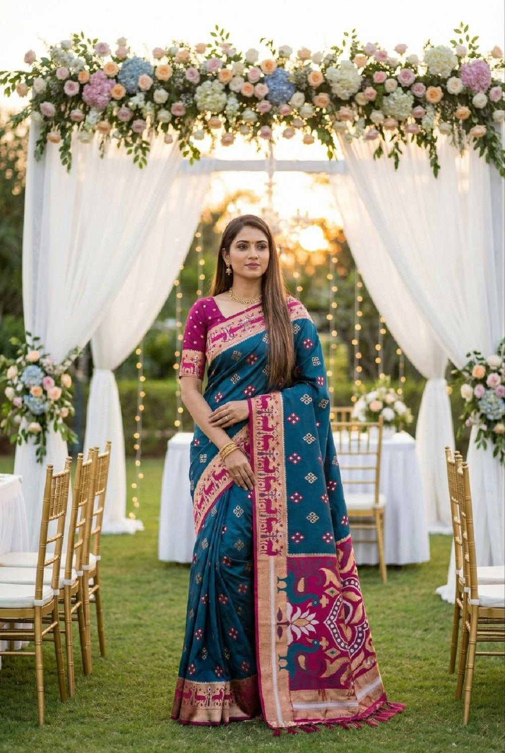 Mameraa Sarees Teal Soft Saree With Zari Weaving Meenakari Rich Pallu And Unique Ikkat Border-Teal - Dista