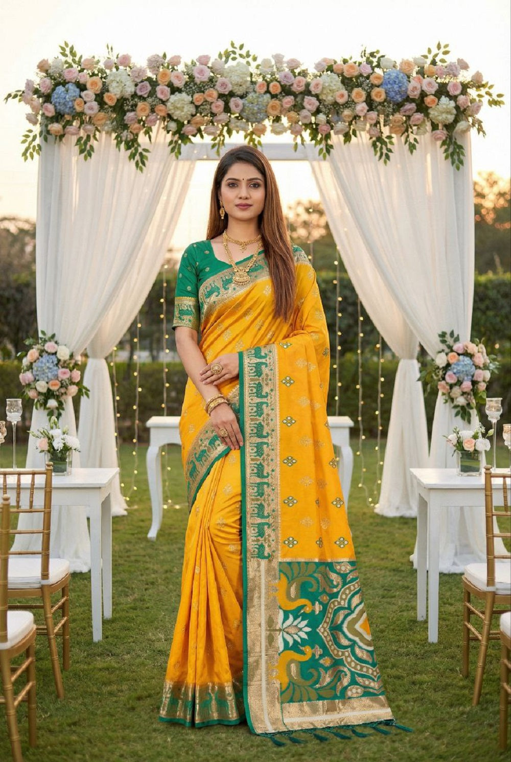Mameraa Sarees Yellow Soft Saree With Zari Weaving Meenakari Rich Pallu And Unique Ikkat Border-Yellow - Dista