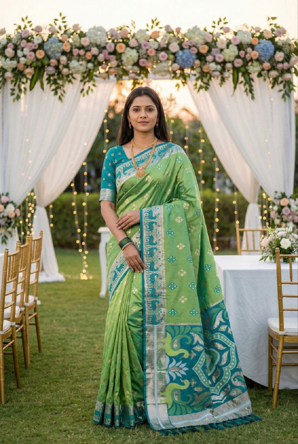 Mameraa Sarees Green Soft Saree With Zari Weaving Meenakari Rich Pallu And Unique Ikkat Border-Light_Green - Dista
