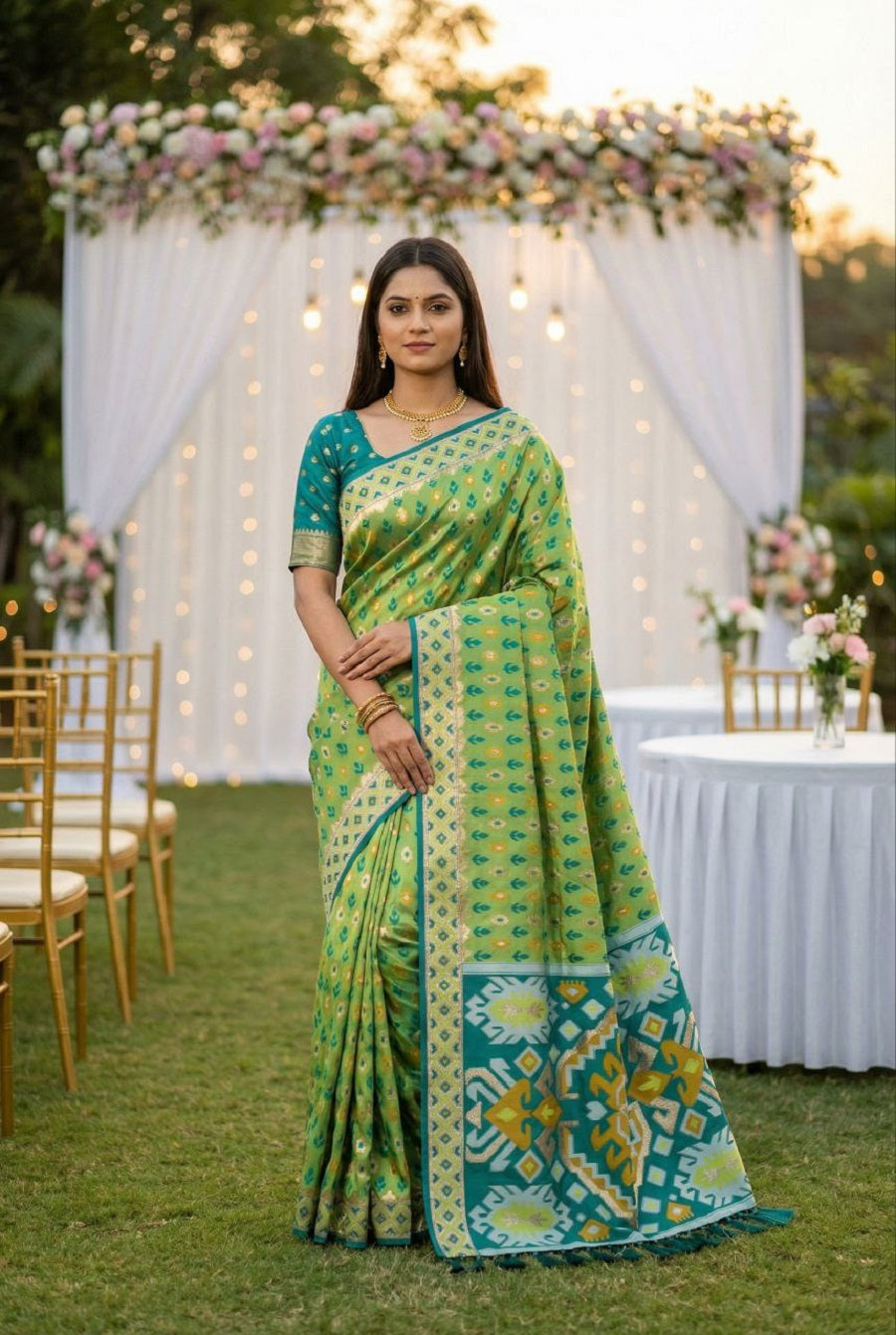 Mameraa Sarees Rama Soft Saree With Zari Weaving Meenakari Rich Pallu And Unique Ikkat Border-Sea_Green - Dista