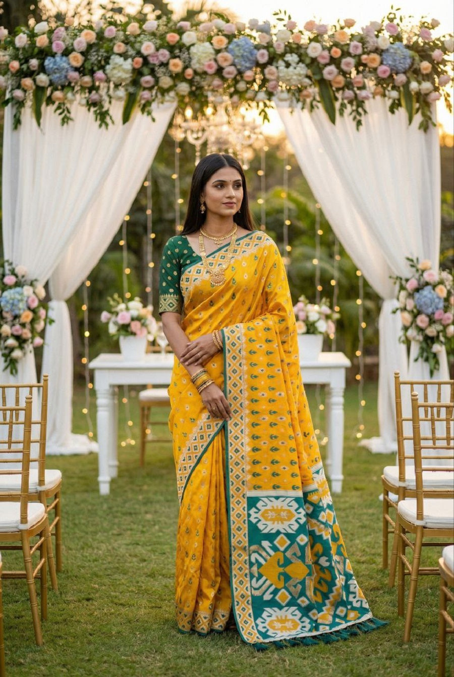 Mameraa Sarees Yellow Soft Saree With Zari Weaving Meenakari Rich Pallu And Unique Ikkat Border-Yellow - Dista