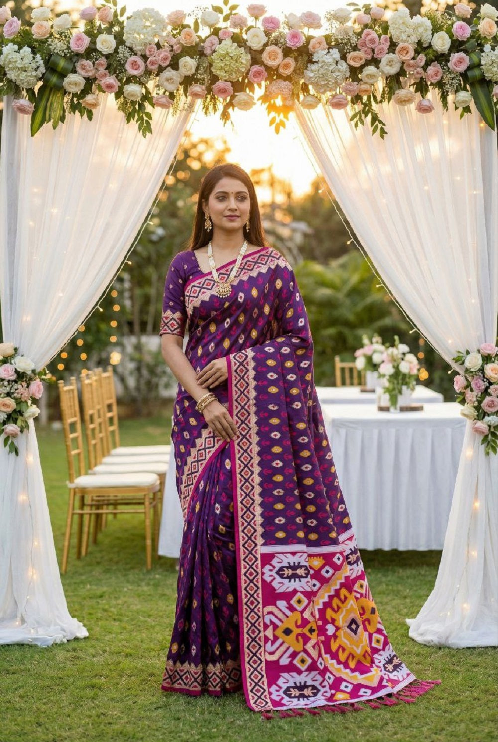 Mameraa Sarees Purple Soft Saree With Zari Weaving Meenakari Rich Pallu And Unique Ikkat Border-Purple - Dista