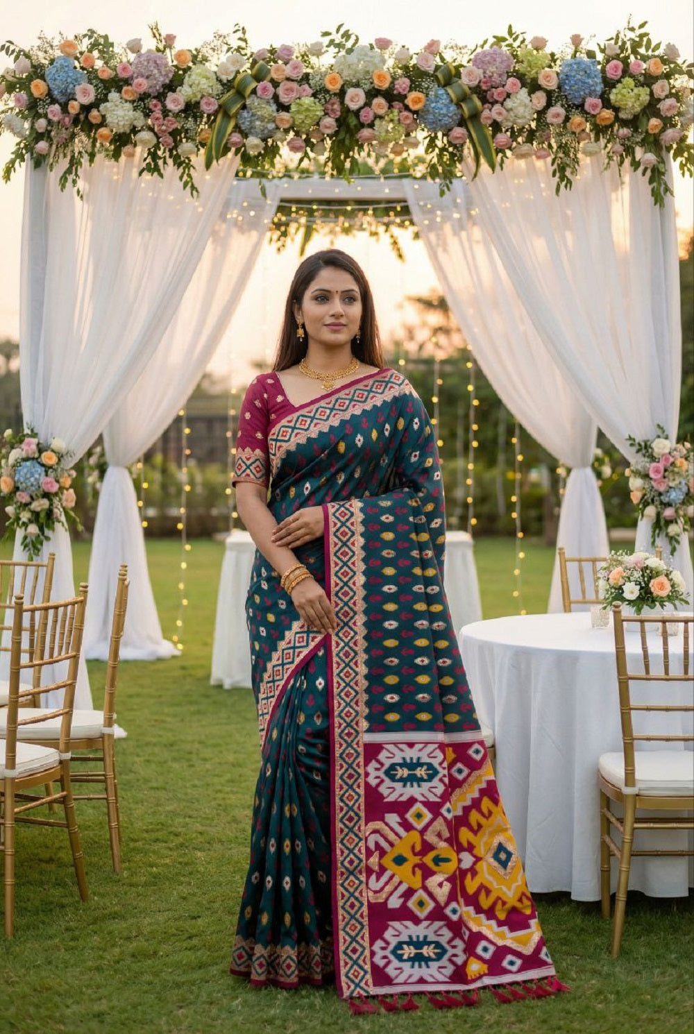 Mameraa Sarees Teal Soft Saree With Zari Weaving Meenakari Rich Pallu And Unique Ikkat Border-Teal - Dista