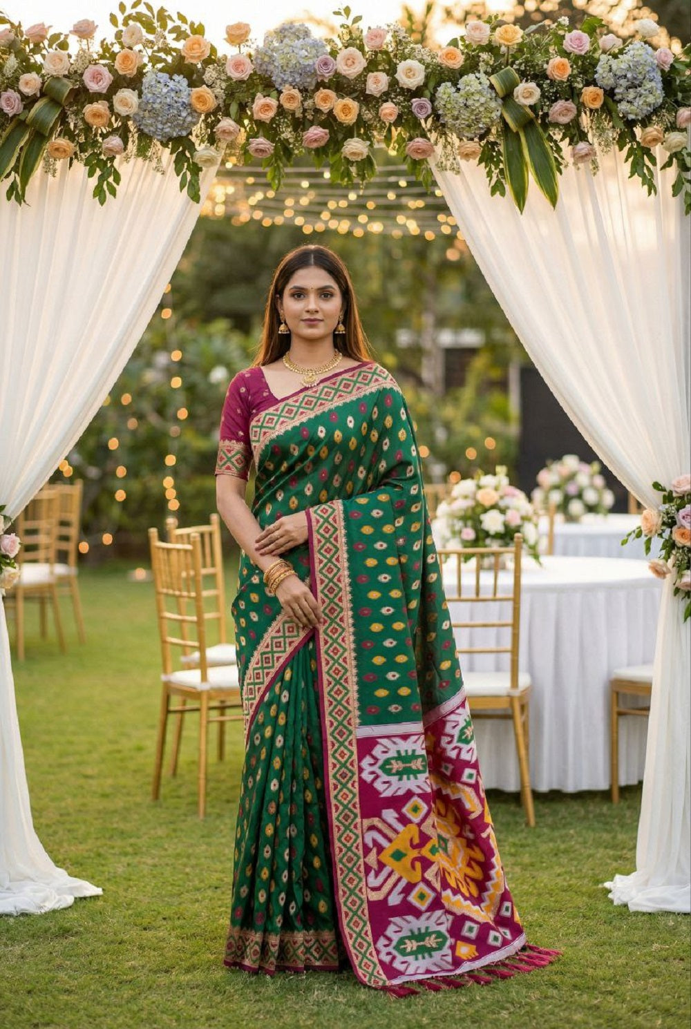 Mameraa Sarees Green Soft Saree With Zari Weaving Meenakari Rich Pallu And Unique Ikkat Border-Green - Dista