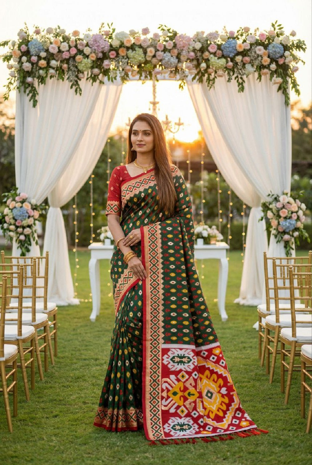 Mameraa Sarees Green Soft Saree With Zari Weaving Meenakari Rich Pallu And Unique Ikkat Border-Dark_Green - Dista