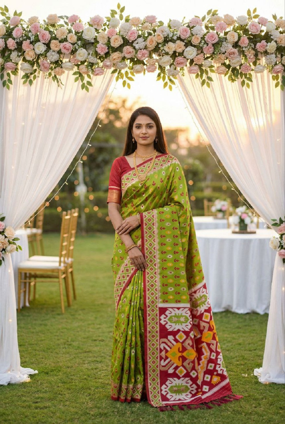 Mameraa Sarees Green Soft Saree With Zari Weaving Meenakari Rich Pallu And Unique Ikkat Border-Parrot_Green - Dista