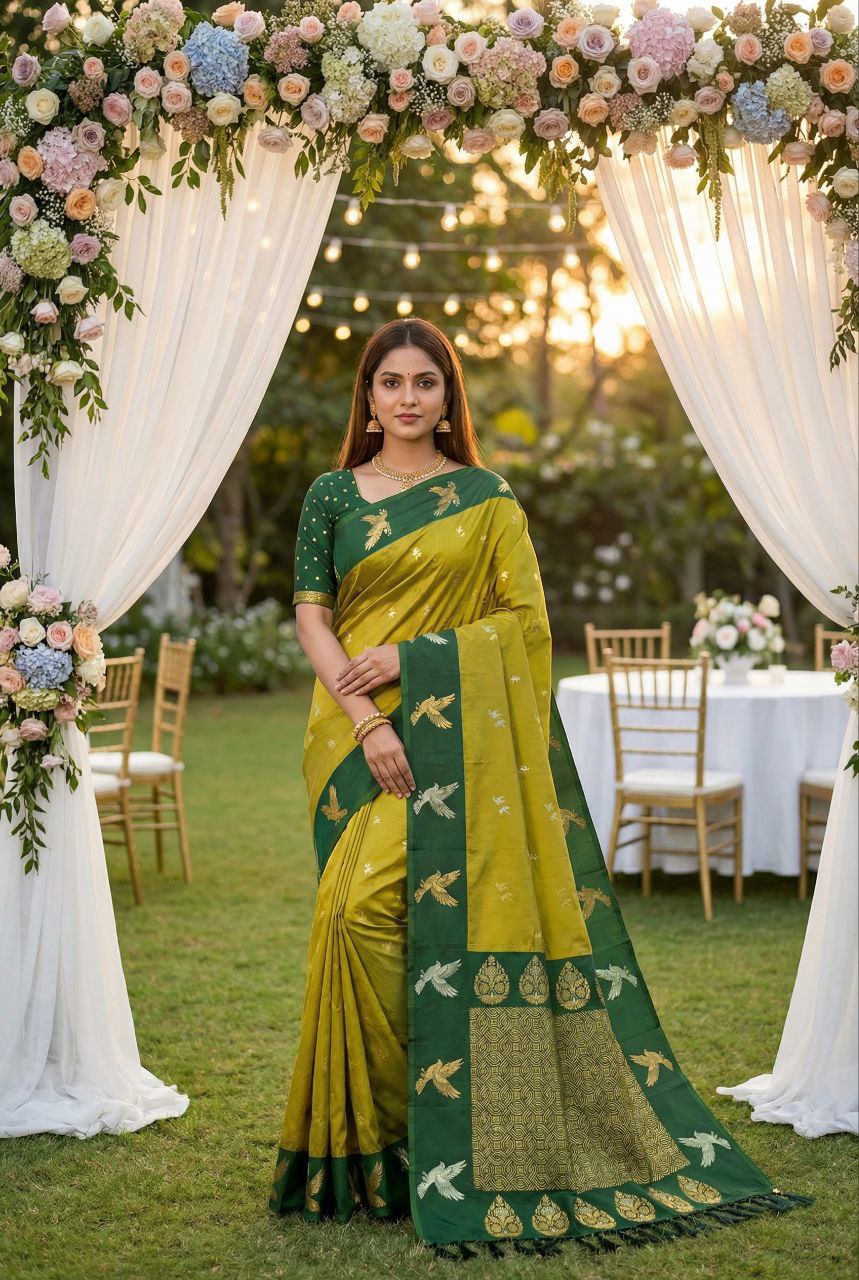 Mameraa Sarees Lemon Yellow Soft Silk Blend Saree With Zari Weaving Meenakari Design-Lemon_Yellow - Dista
