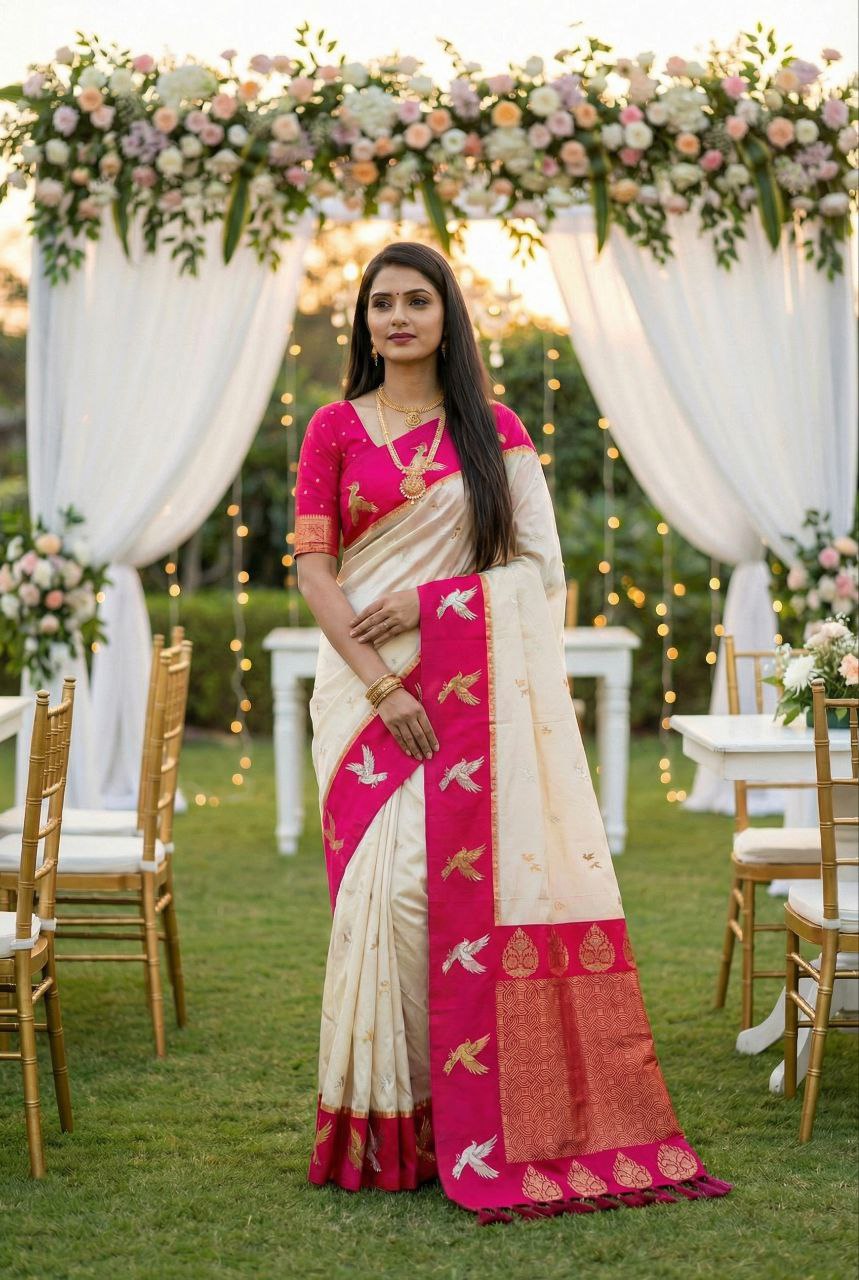 Mameraa Sarees White Soft Silk Blend Saree With Zari Weaving Meenakari Design-White - Dista