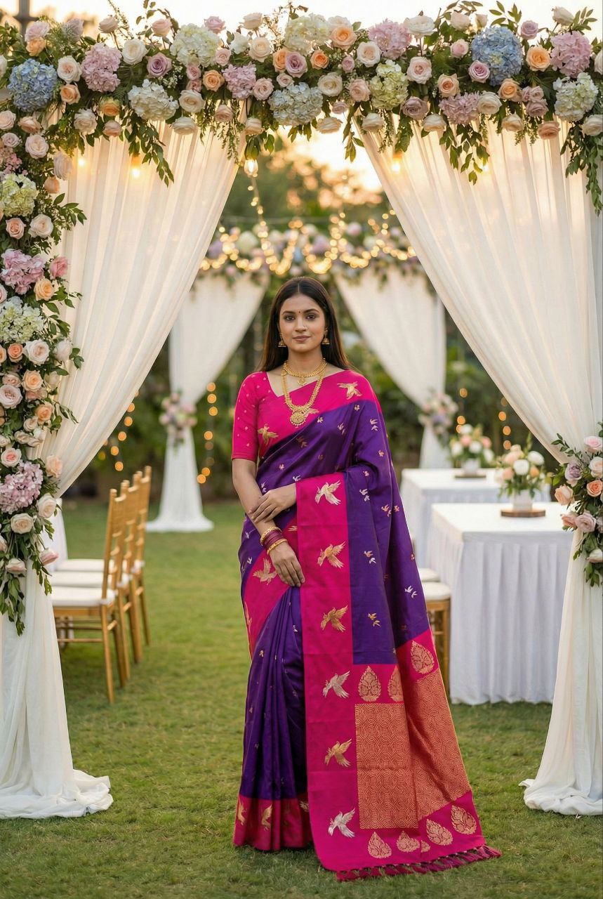Mameraa Sarees Purple Soft Silk Blend Saree With Zari Weaving Meenakari Design-Purple - Dista