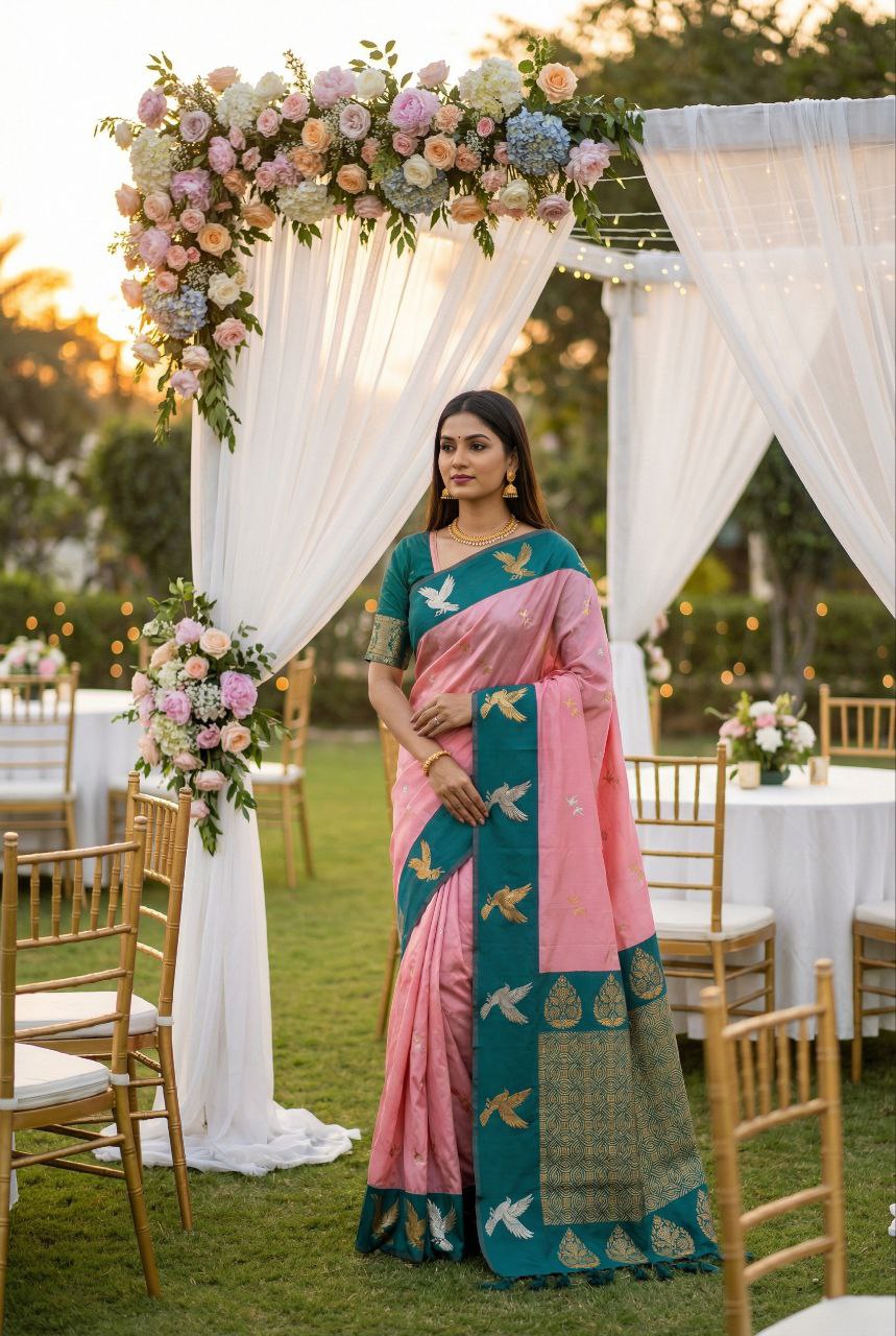 Mameraa Sarees Peach Soft Silk Blend Saree With Zari Weaving Meenakari Design-Peach - Dista