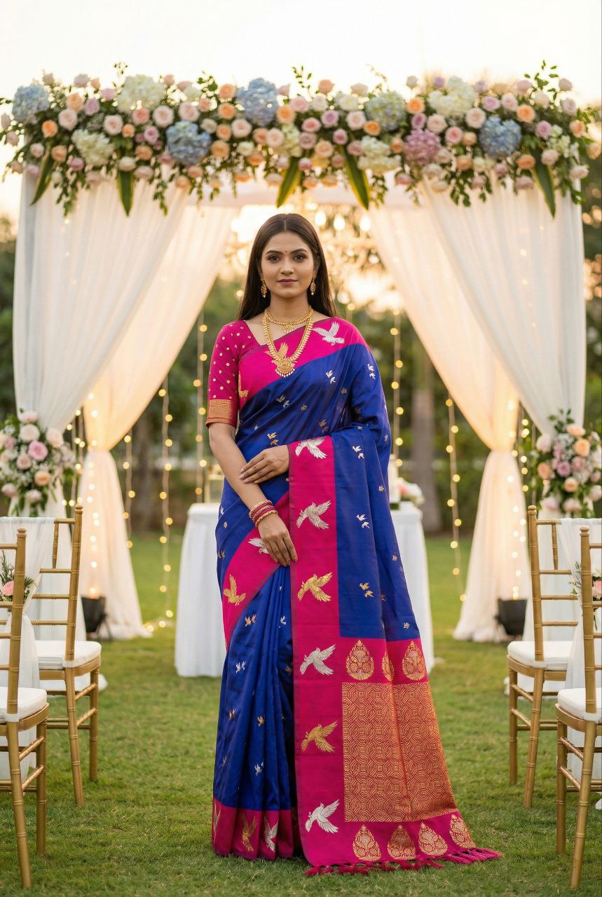 Mameraa Sarees Violet Soft Silk Blend Saree With Zari Weaving Meenakari Design-Violet - Dista