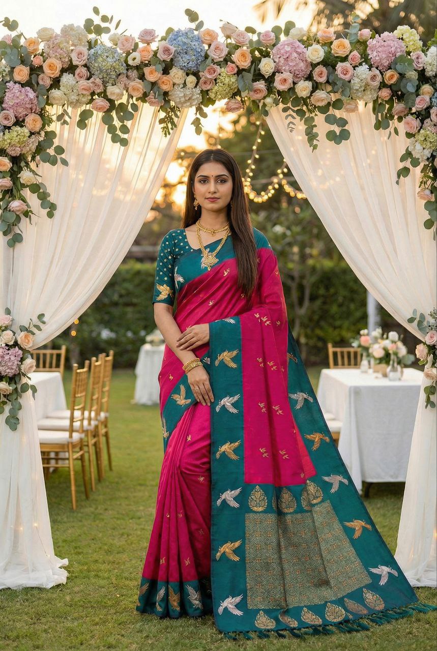 Mameraa Sarees Pink Soft Silk Blend Saree With Zari Weaving Meenakari Design-Pink - Dista