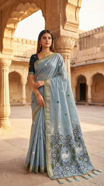 Mameraa Sarees Soft Pure Muga Cotton Saree With Meenakari Weaving Motifs And Contrast Blouse-Sky_Blue - Dista
