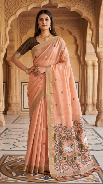 Mameraa Sarees Soft Pure Muga Cotton Saree With Meenakari Weaving Motifs And Contrast Blouse-Peach - Dista