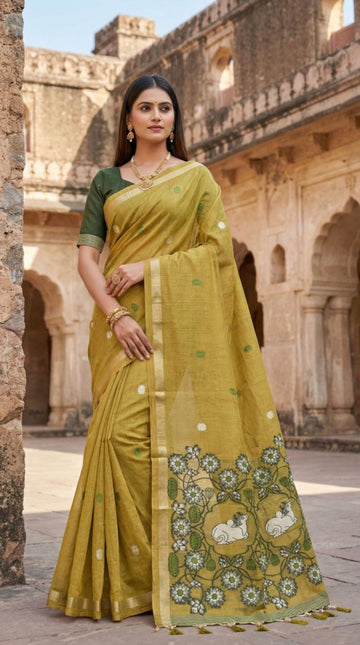Mameraa Sarees Soft Pure Muga Cotton Saree With Meenakari Weaving Motifs And Contrast Blouse-Olive - Dista
