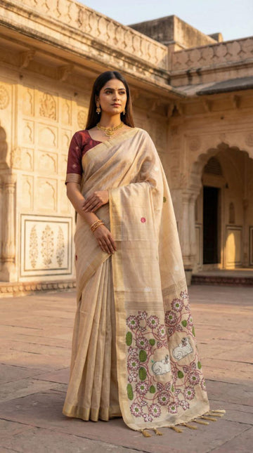 Mameraa Sarees Soft Pure Muga Cotton Saree With Meenakari Weaving Motifs And Contrast Blouse-Cream - Dista