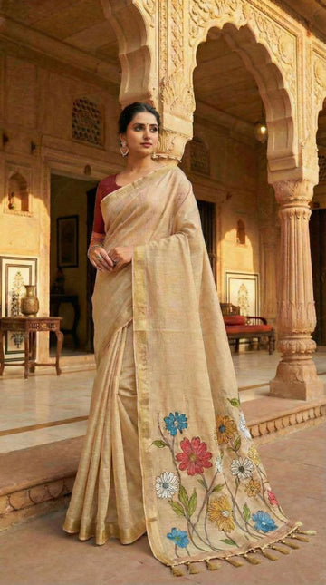 Mameraa Sarees Soft Pure Muga Cotton Saree With Meenakari Weaving Motifs And Contrast Blouse-Cream - Dista