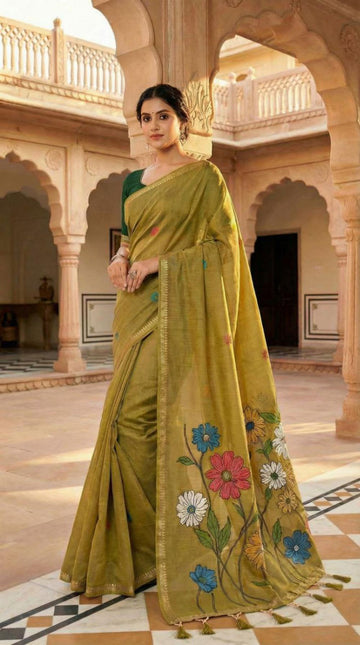 Mameraa Sarees Soft Pure Muga Cotton Saree With Meenakari Weaving Motifs And Contrast Blouse-Gold - Dista