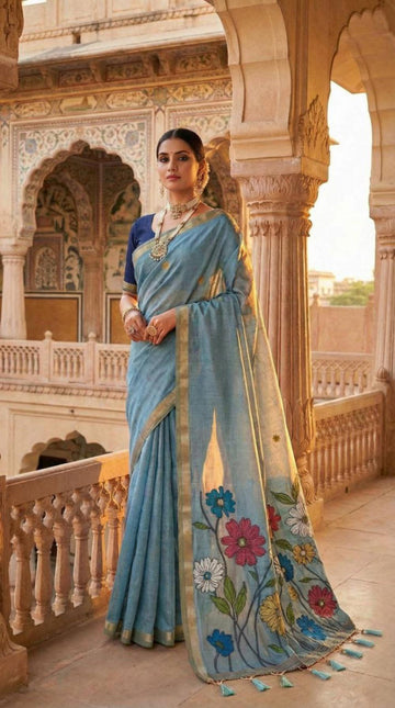 Mameraa Sarees Soft Pure Muga Cotton Saree With Meenakari Weaving Motifs And Contrast Blouse-Sky_Blue - Dista