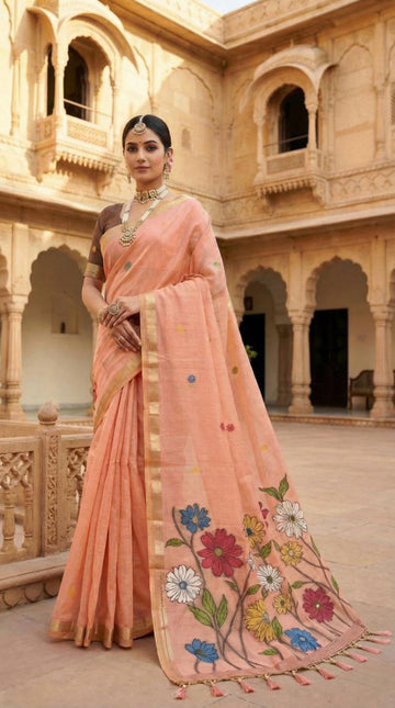 Mameraa Sarees Soft Pure Muga Cotton Saree With Meenakari Weaving Motifs And Contrast Blouse-Peach - Dista