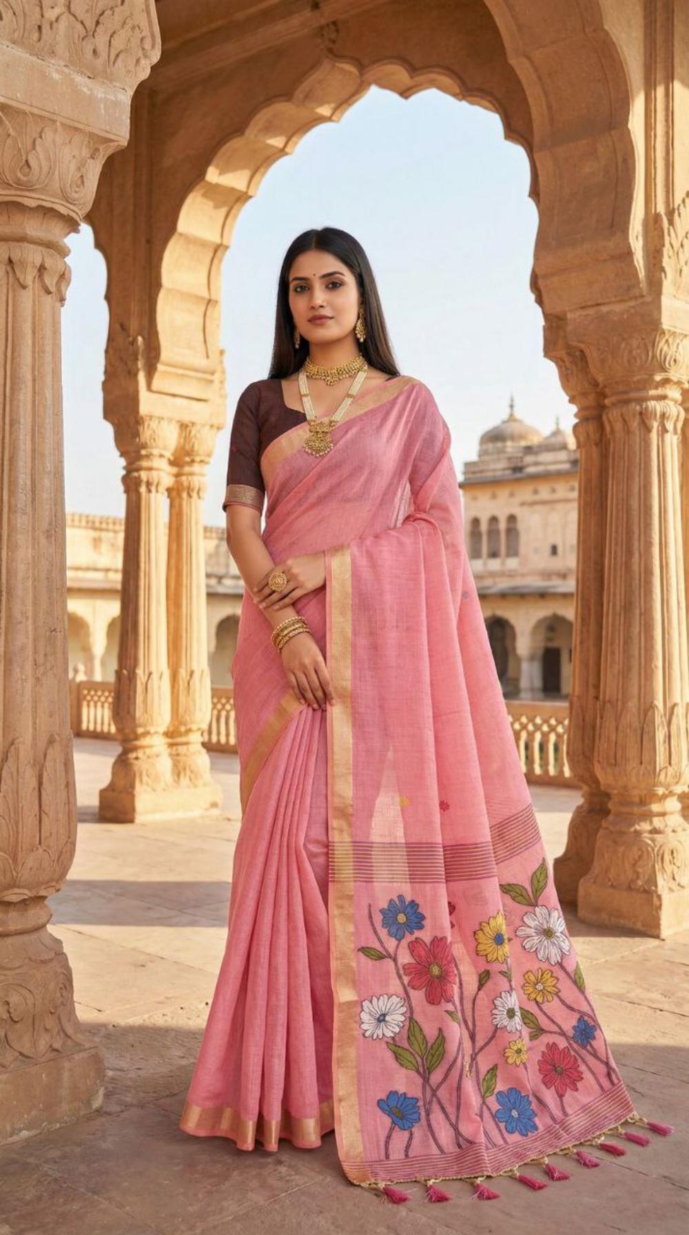 Mameraa Sarees Soft Pure Muga Cotton Saree With Meenakari Weaving Motifs And Contrast Blouse-Baby_Pink - Dista