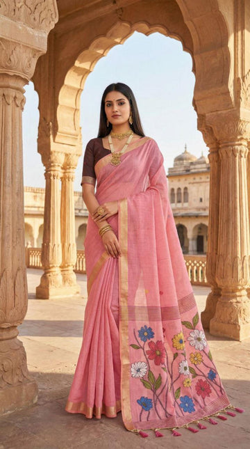 Mameraa Sarees Soft Pure Muga Cotton Saree With Meenakari Weaving Motifs And Contrast Blouse-Baby_Pink - Dista