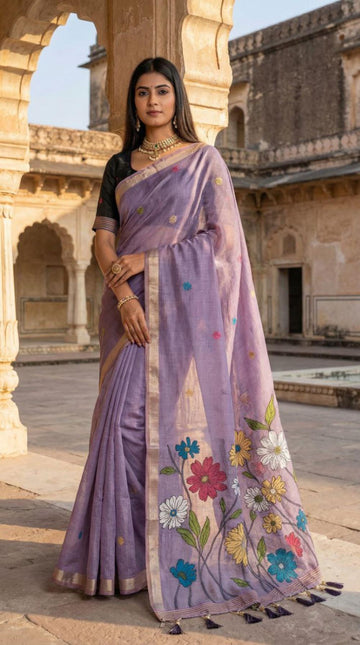 Mameraa Sarees Soft Pure Muga Cotton Saree With Meenakari Weaving Motifs And Contrast Blouse-Lavender - Dista