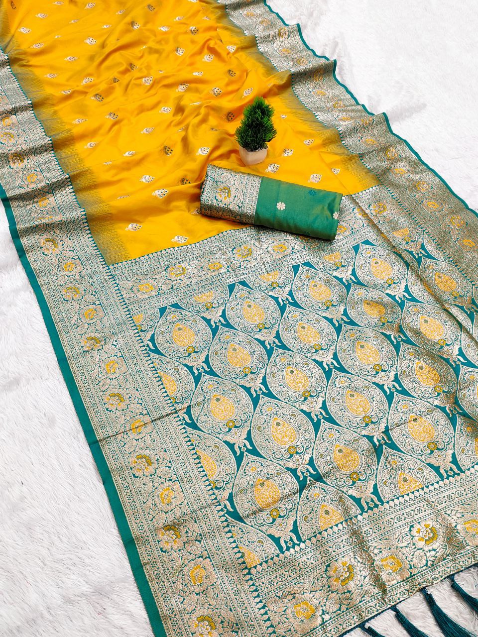 Mameraa Sarees Yellow Soft Banarasi Silk Saree With Zari Weaving Meenakari Design-Yellow - Dista
