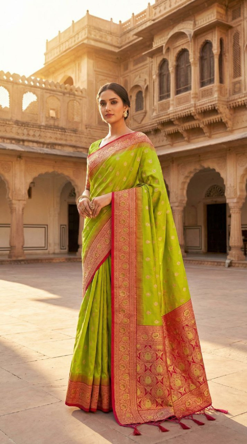 Mameraa Sarees Parrot Green Soft Banarasi Silk Saree With Zari Weaving Meenakari Design-Parrot_Green - Dista