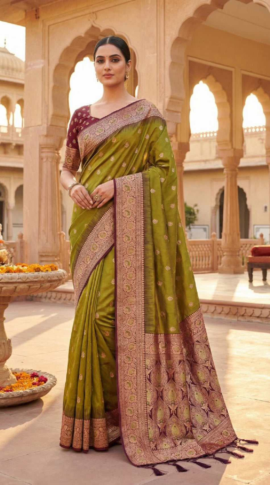 Mameraa Sarees Mehndi Soft Banarasi Silk Saree With Zari Weaving Meenakari Design-Mehendi - Dista