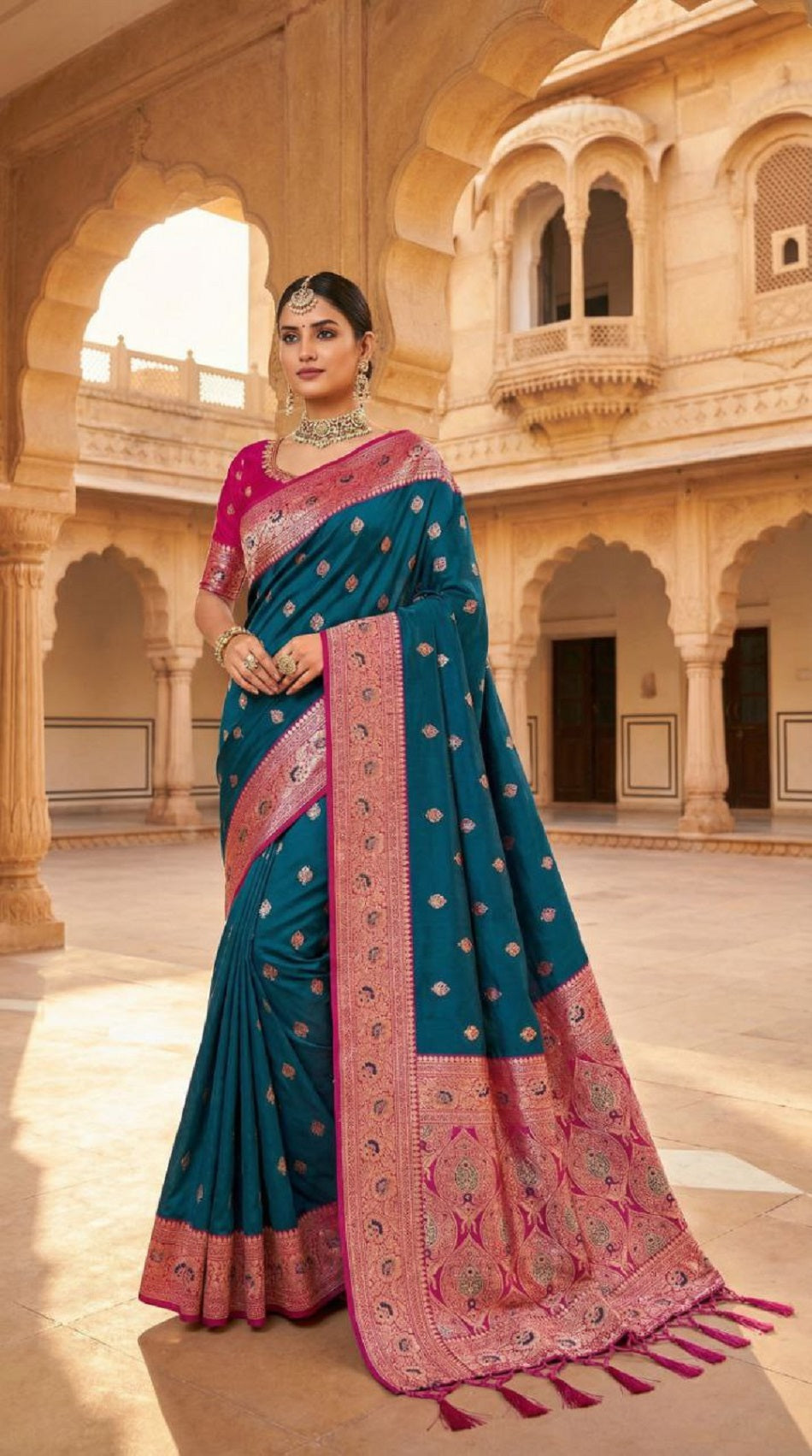 Mameraa Sarees Teal Blue Soft Banarasi Silk Saree With Zari Weaving Meenakari Design-Teal - Dista
