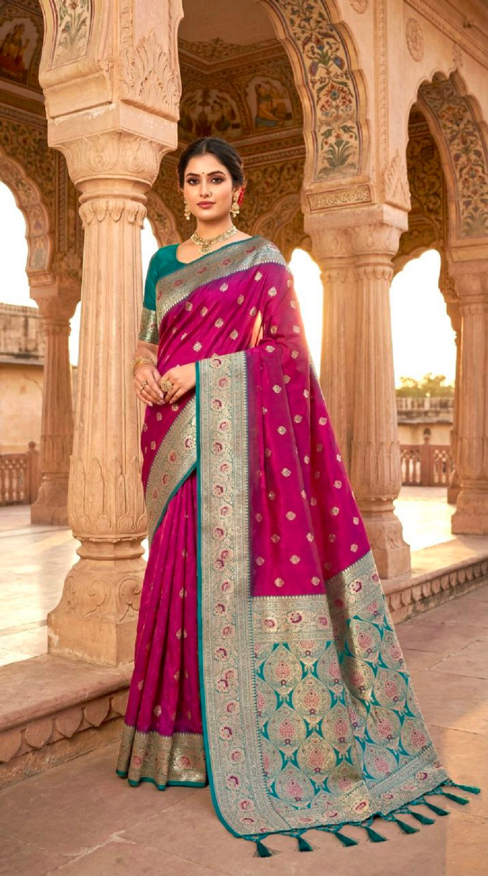 Mameraa Sarees Pink Soft Banarasi Silk Saree With Zari Weaving Meenakari Design-Pink - Dista