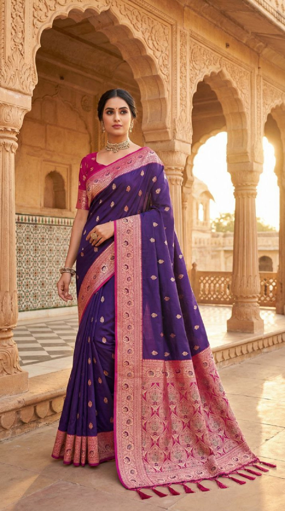 Mameraa Sarees Violet Soft Banarasi Silk Saree With Zari Weaving Meenakari Design-Violet - Dista