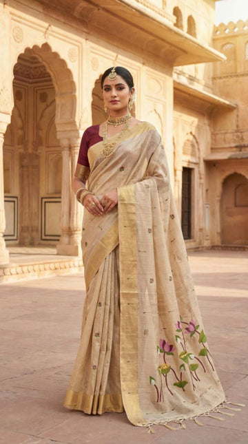 Mameraa Sarees Soft Pure Muga Cotton Saree With Meenakari Weaving Motifs And Contrast Blouse-Cream - Dista