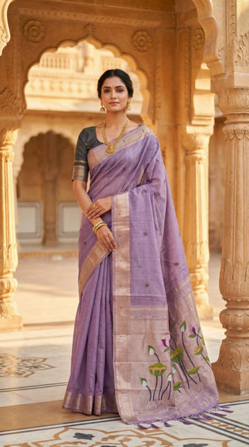 Mameraa Sarees Soft Pure Muga Cotton Saree With Meenakari Weaving Motifs And Contrast Blouse-Lavender - Dista